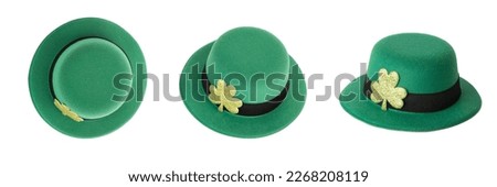 three green irish leprechaun hat with gold clover isolated, saint patrick day background