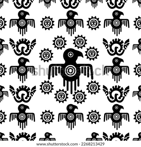 Aztec geometric background with fantastic human figures, head-masks, birds. Ethnic seamless pattern. Stylish Navajo design. Modern abstract wallpaper.