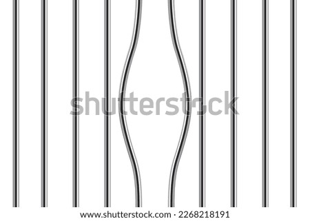 Prison bars vector illustration. 3D realistic broken iron cage with bent sticks to suspects crime escape from police jail, grate with steel curved rod for criminal jailbreak. Royalty-Free Stock Photo #2268218191