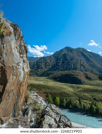 Rock drawing petroglyphs of ancient people animal deer on the stones behind the panorama of the mountains and the Altai river in a bright day.