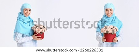 Banner with beautiful Muslim woman holding flowers on light background with space for text