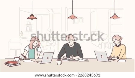 People studying at a study cafe. Hand drawn style vector design illustrations. Royalty-Free Stock Photo #2268243691