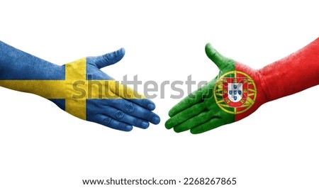 Handshake between Portugal and Sweden flags painted on hands, isolated transparent image.