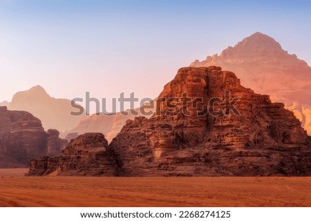 Jordan, Wadi Rum red dune sand and beautiful rocks landscape Royalty-Free Stock Photo #2268274125