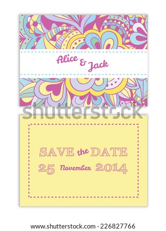 Vector Save the Date wedding invitation elegant card in pastel colors with abstract floral  seamless pattern as a background