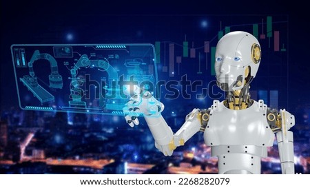 Robot on a modern city background. A concept of artificial intelligence for the industrial revolution and the automation of manufacturing processes.