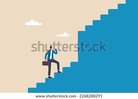 Challenge to overcome difficulty, obstacle or business problem, think of solution to get pass obstacle to success, failure or trouble concept, businessman walk up stair to find huge difficult step. Royalty-Free Stock Photo #2268288291