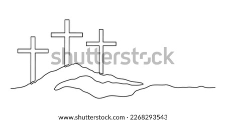 Three Calvary Crosses on the hill. Christianity religion concept. Continuous line drawing. 