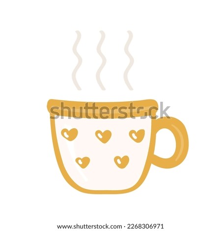 Cute cup of tea or coffee with golden hearts and steam above mug. Cozy vintage autumn clip art with seasonal drink. Hygge hand drawn vector illustration isolated on background.