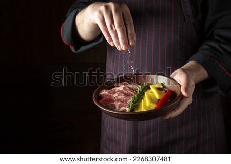 The cook sprinkles salt on a sliced steak with beef and cheese in a plate. The concept of serving dishes to order by the waiter or presentation