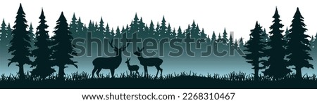 Silhouette of wild deer and black forest fir spruce trees camping wildlife adventure misty fog landscape panorama illustration icon vector for logo, isolated on white background