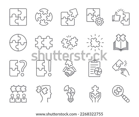 Vector puzzle icons. Editable stroke line icon set. Simple elements teamwork problem solving. Questions and answers decision making planning. Creative idea handshake search whole and particular Royalty-Free Stock Photo #2268322755