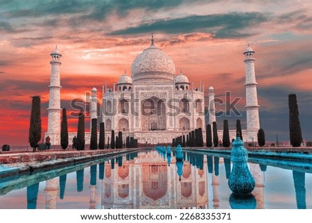 Taj Mahal famous marble mausoleum at sunset, Agra, India Royalty-Free Stock Photo #2268335371