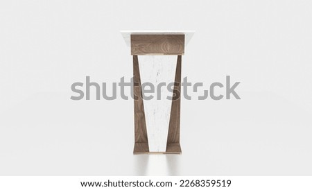 Realistic icon of blank brown wooden stand, podium or rostrum  at conferences, lectures or debates. Isolated 3D  illustration. Royalty-Free Stock Photo #2268359519