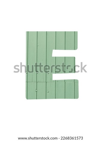 Letter E of the alphabet made with light green wooden boards, isolated on a white background