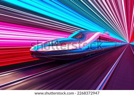 High-speed train speeds through a pink and blue neon-lit futuristic tunnel. Royalty-Free Stock Photo #2268372947