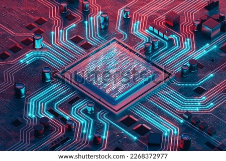 Data flow in a motherboard in pc. Processor among circuits and electronics. CPU Royalty-Free Stock Photo #2268372977