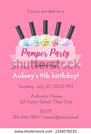 Pamper birthday party invitation template. Cartoon illustration of five sparkling colorful nail polish bottles. Vector 10 EPS. Royalty-Free Stock Photo #2268378233