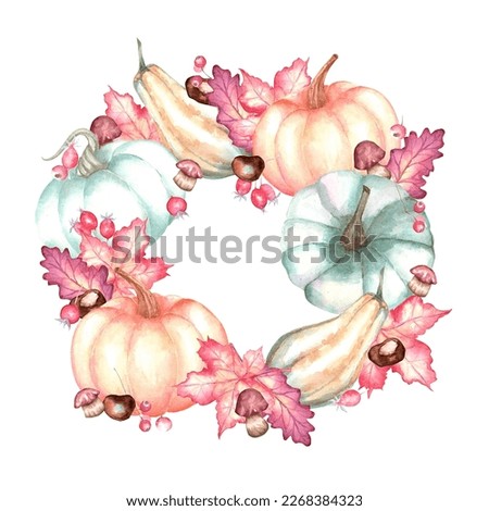 Watercolor autumn clip art set. Wreath with mushroom pumpkins autumn.