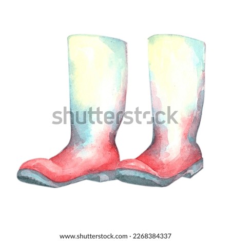 Watercolor autumn clip art. Garden boots on a white background. Daffodils, muscari, leaves. Watercolor illustration.