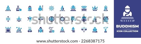 Buddhism icon collection. Duotone color. Vector illustration. Containing buddha, incense, mokugyo, buddhism, temple, guanyin, bodhisattva, endless knot, vase, conch shell, rattle, wind chime, eyes. Royalty-Free Stock Photo #2268387175