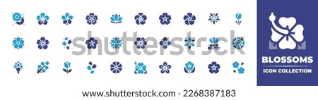 Blossoms icon collection. Duotone color. Vector illustration. Containing flowers, plumeria, hibiscus, cherry blossom, lotus, african violet, sakura, mugunghwa, edelweiss, tulip, anemone, petals.