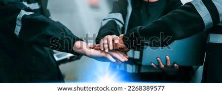 Panoramic banner of Industrial factory people make hand joint teamwork, Sci-Fi Technology background texture.