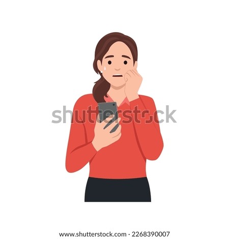 Frustration broken phone, problems in communication concept. Worried concerned girl cartoon character looking at her phone screen cracked and shattered to pieces or feeling bad with message. Royalty-Free Stock Photo #2268390007