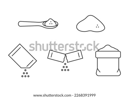 Powder in sachet packet, sack flour, line icon set. Open paper pack stick with salt, sugar in teaspoon, yeast powder, powder. Soluble bag pouch food of baking ingredients. Vector outline illustration Royalty-Free Stock Photo #2268391999