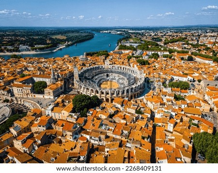 The aerail view of Arles, a city on the Rhône River in the Provence region of southern France Royalty-Free Stock Photo #2268409131