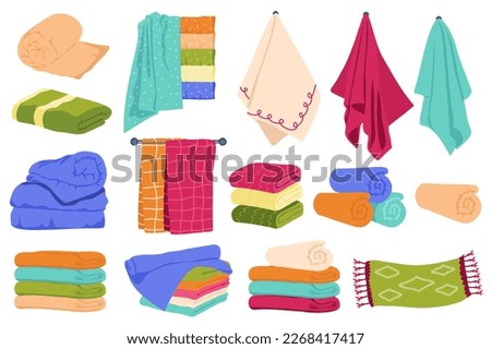 Towels set graphic elements in flat design. Bundle of colored towels and napkins of various shapes, rolled up, lying in pile, hanging on bathroom or kitchen wall. Vector illustration isolated objects Royalty-Free Stock Photo #2268417417
