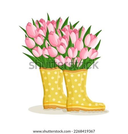 Bouquet of pink tulips flowers in rubber boots. Spring composition for women's day, mother's day, easter and other holidays. Floral design isolated vector illustration for postcard, poster and other.