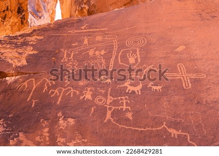 Petroglyphs at Atlatl Rock in Nevada's Vally of Fire Royalty-Free Stock Photo #2268429281