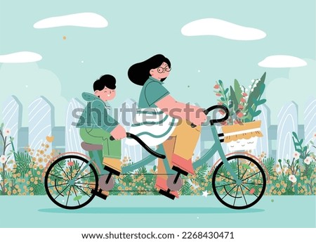 two people riding bike happily going outing in spring flat vector illustration. mother and son riding bicycle together. adult and kid. bicycle built for two. spring landscape with flower meadow. 