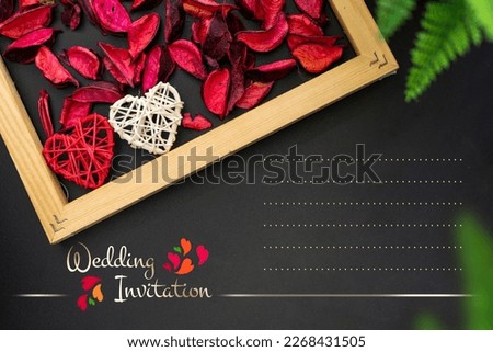 Wedding Invitation card design, beautiful greeting card background, flatly image of red roses and wooden frames with copy space