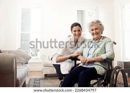Nurse, portrait and woman disability in wheelchair, medical wellness or homecare support. Caregiver helping disabled patient, senior healthcare and service of elderly rehabilitation with mockup Royalty-Free Stock Photo #2268434797