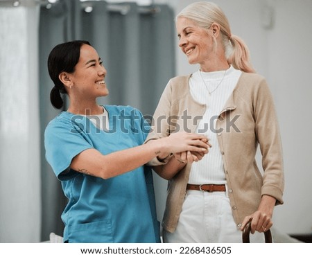 Senior woman, support and walking stick with nurse holding hands for disability help or retirement nursing. Elderly patient or disabled person with friendly home caregiver for Parkinson or arthritis Royalty-Free Stock Photo #2268436505