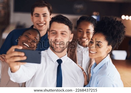Selfie, group smile and business people in social media post, online corporate diversity and office staff photography. Happy professional friends, career influencer or employees in a profile picture