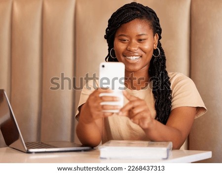 Selfie, study and black woman with education update for social media, influencer blog or network app at restaurant. Happy online student or young person with profile picture for remote learning break