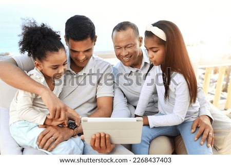 Tablet, black family and kids with online video, movies or cartoon together for love, learning and bonding. Happy fathers day, relax and children watch film or show on digital technology for holiday