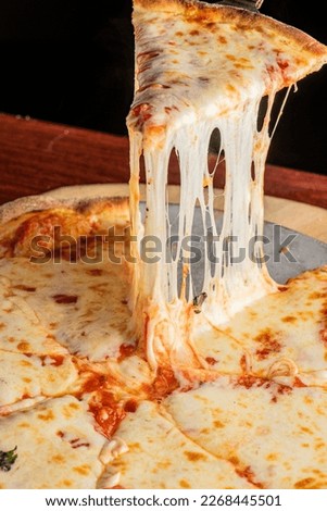 Pizza. Cheese Pizza. Traditional New York City style margarita pizza pie with a thin homemade crispy crust, tomato, garlic, marinara sauce topped with buffalo mozzarella cheese and fresh basil leaves. Royalty-Free Stock Photo #2268445501