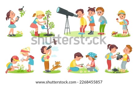 Children study nature. Outdoor lessons. Kids learn world. Curious boys and girls. Young naturalists observe phenomena. Teenagers planting trees and exploring animals Royalty-Free Stock Photo #2268455857