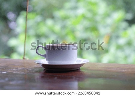 cup of coffee and toasted bread on the wooden table with a garden view