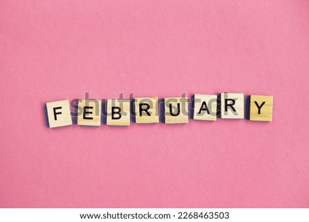 inscription February made by wooden cubes on a pastel pink background