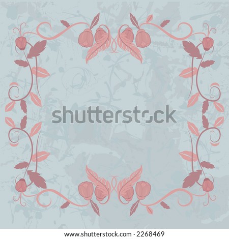 A pink and blue grunge background of swirling strokes, tulips, leaves and feathers. The illustration is layered and easy to edit. Illustration contains no gradients.
