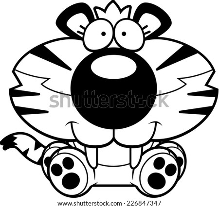 A cartoon illustration of a saber-toothed tiger cub sitting and smiling.