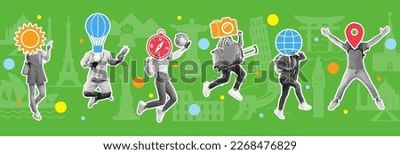 Glad excited young diverse people tourists with compass, camera, hot air balloon and sun icons with abstract pictures enjoys trip on green background, studio, panorama. Tourism and active lifestyle