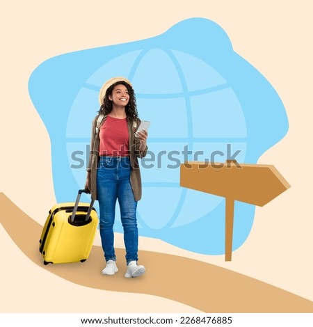 Smiling inspired young black female traveler with suitcase hold smartphone, booking hotel online, using internet travel app map on abstract road with sign. Vacation and trip, tourism, active lifestyle
