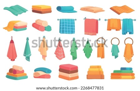 Bath towels set for kitchen or hotel cartoon flat style. Vector of fabric folded, cartoon soft and fluffy, illustration of cotton towl for beach, stack icon Royalty-Free Stock Photo #2268477831