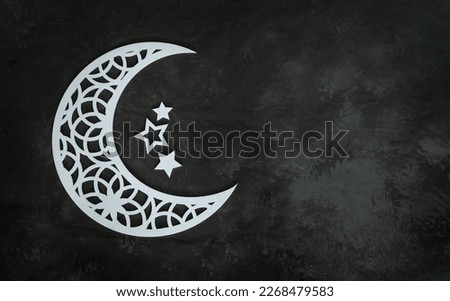Islamic concept background crescent moon shape with stars, minimal type Ramadan and Eid Greeting image with copy space